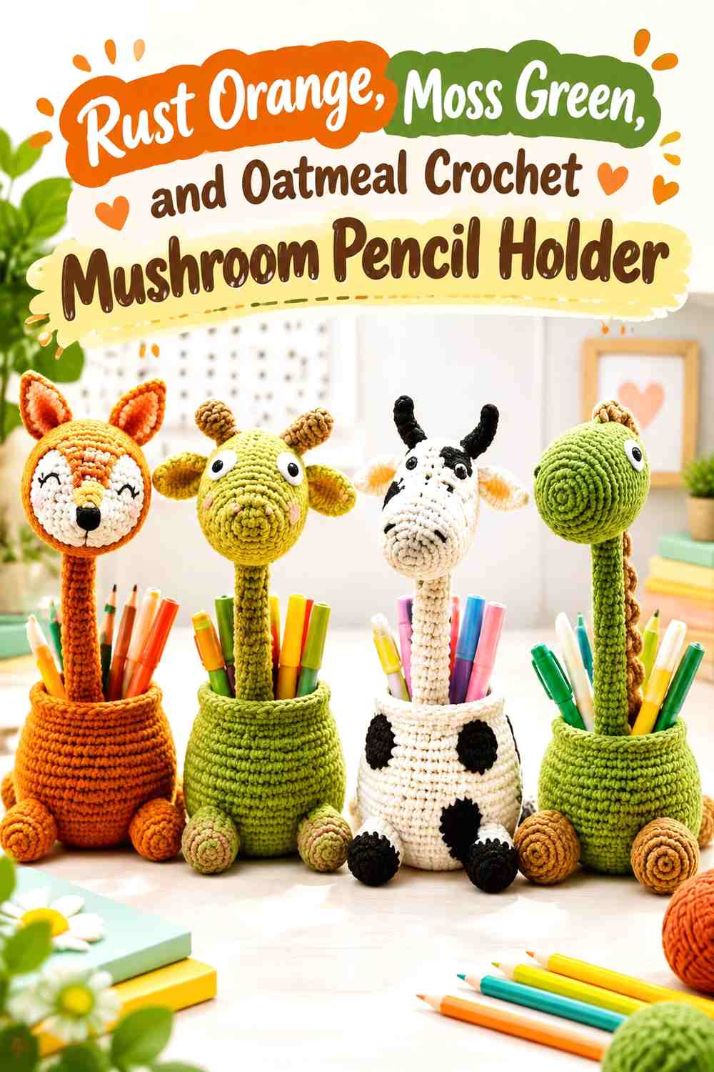 Rust Orange, Moss Green, and Oatmeal Crochet Mushroom Pencil Holder