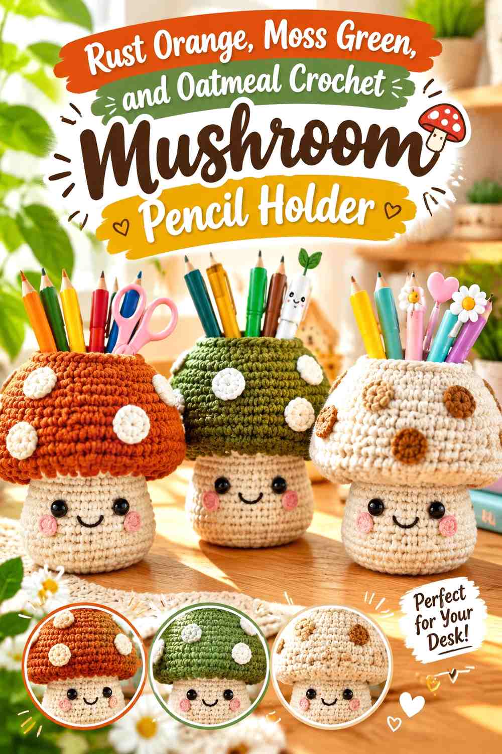 Rust Orange, Moss Green, and Oatmeal Crochet Mushroom Pencil Holder