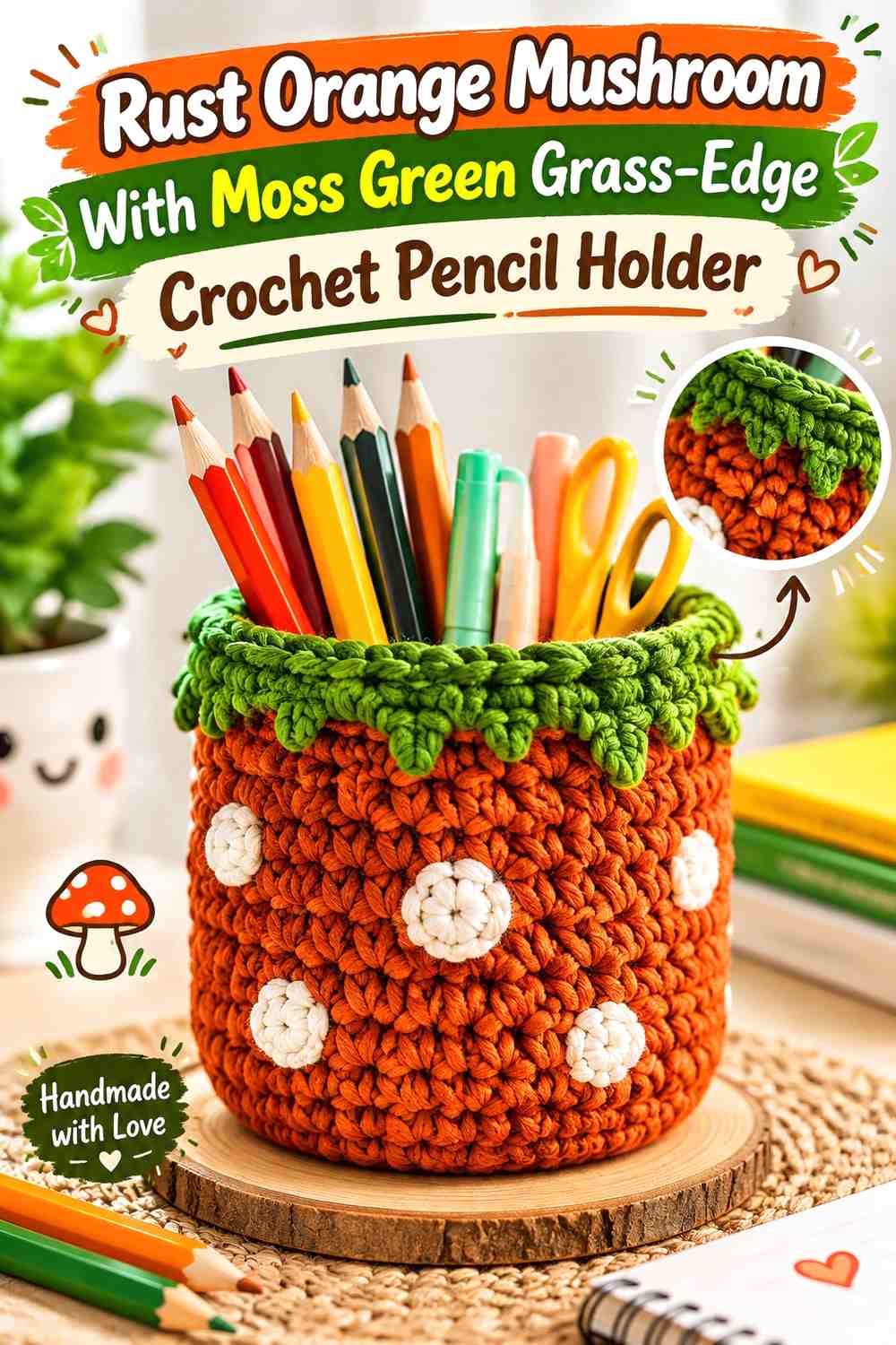 Rust Orange Mushroom With Moss Green Grass-Edge Crochet Pencil Holder