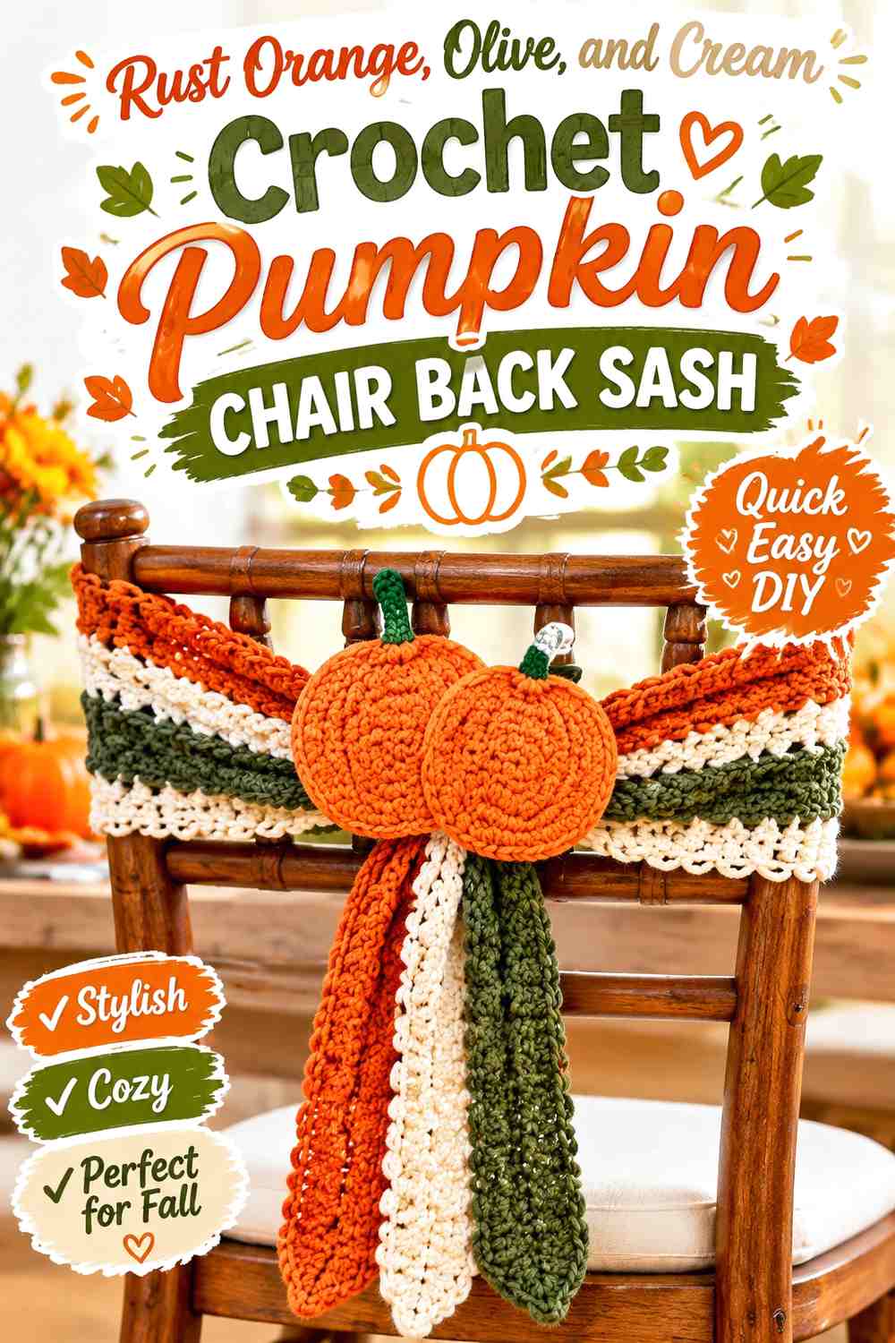 Rust Orange, Olive, and Cream Crochet Pumpkin Chair Back Sash