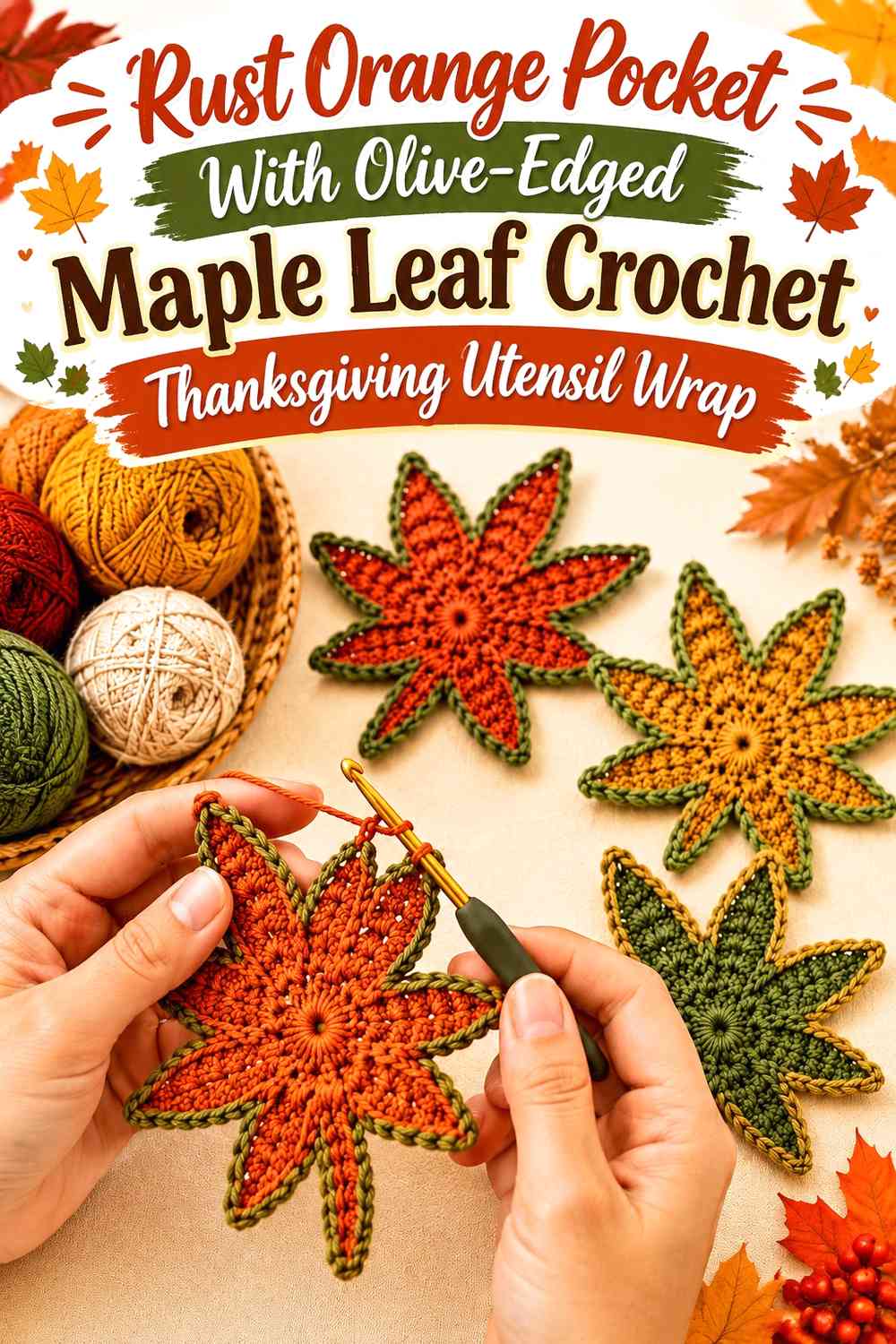 Rust Orange Pocket With Olive-Edged Maple Leaf Crochet Thanksgiving Utensil Wrap