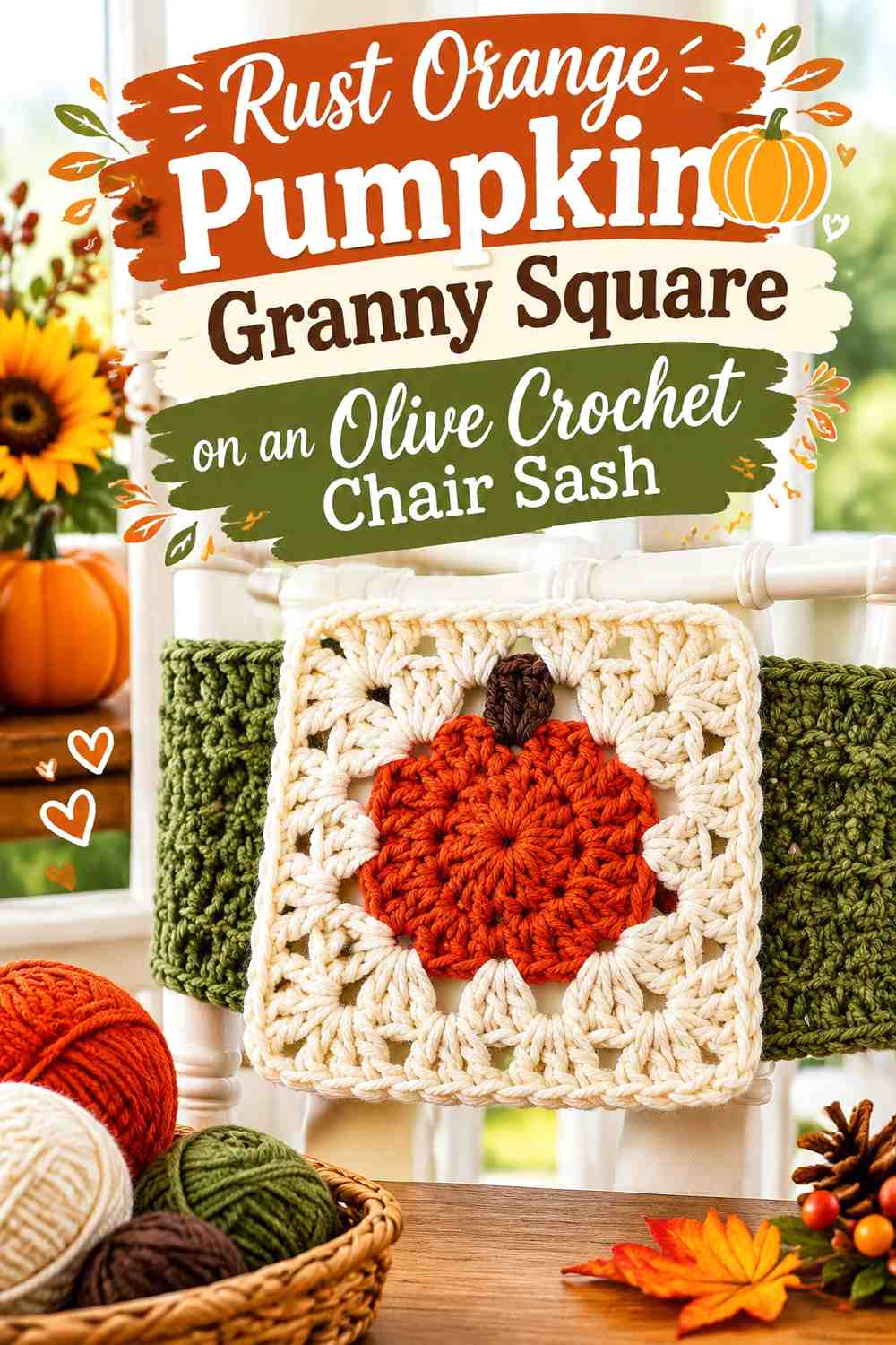 Rust Orange Pumpkin Granny Square on an Olive Crochet Chair Sash