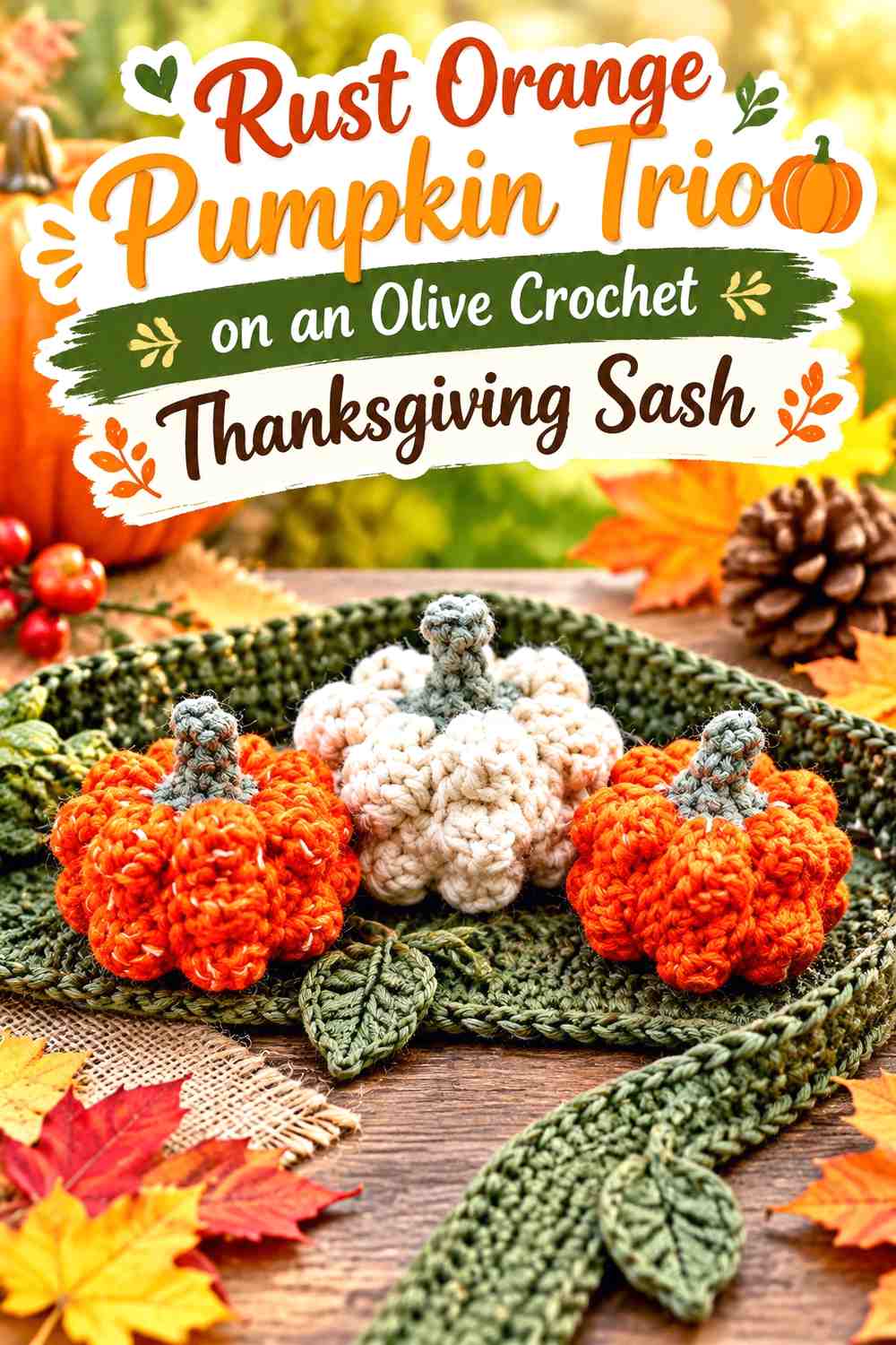 Rust Orange Pumpkin Trio on an Olive Crochet Thanksgiving Sash