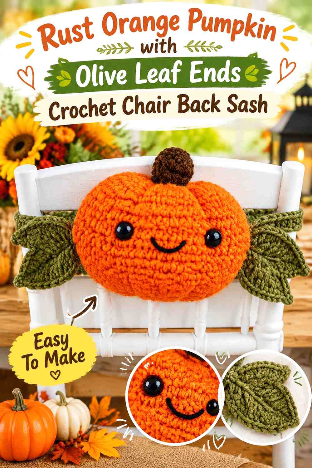 Rust Orange Pumpkin with Olive Leaf Ends Crochet Chair Back Sash