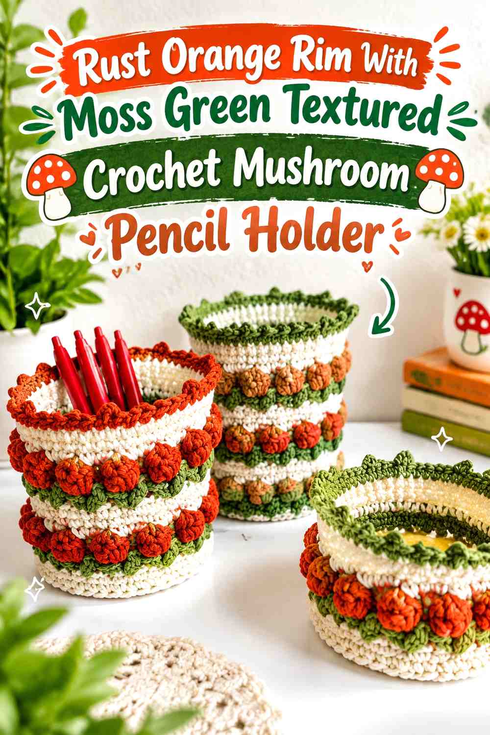 Rust Orange Rim With Moss Green Textured Crochet Mushroom Pencil Holder