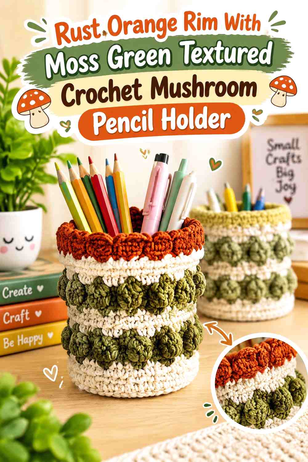 Rust Orange Rim With Moss Green Textured Crochet Mushroom Pencil Holder