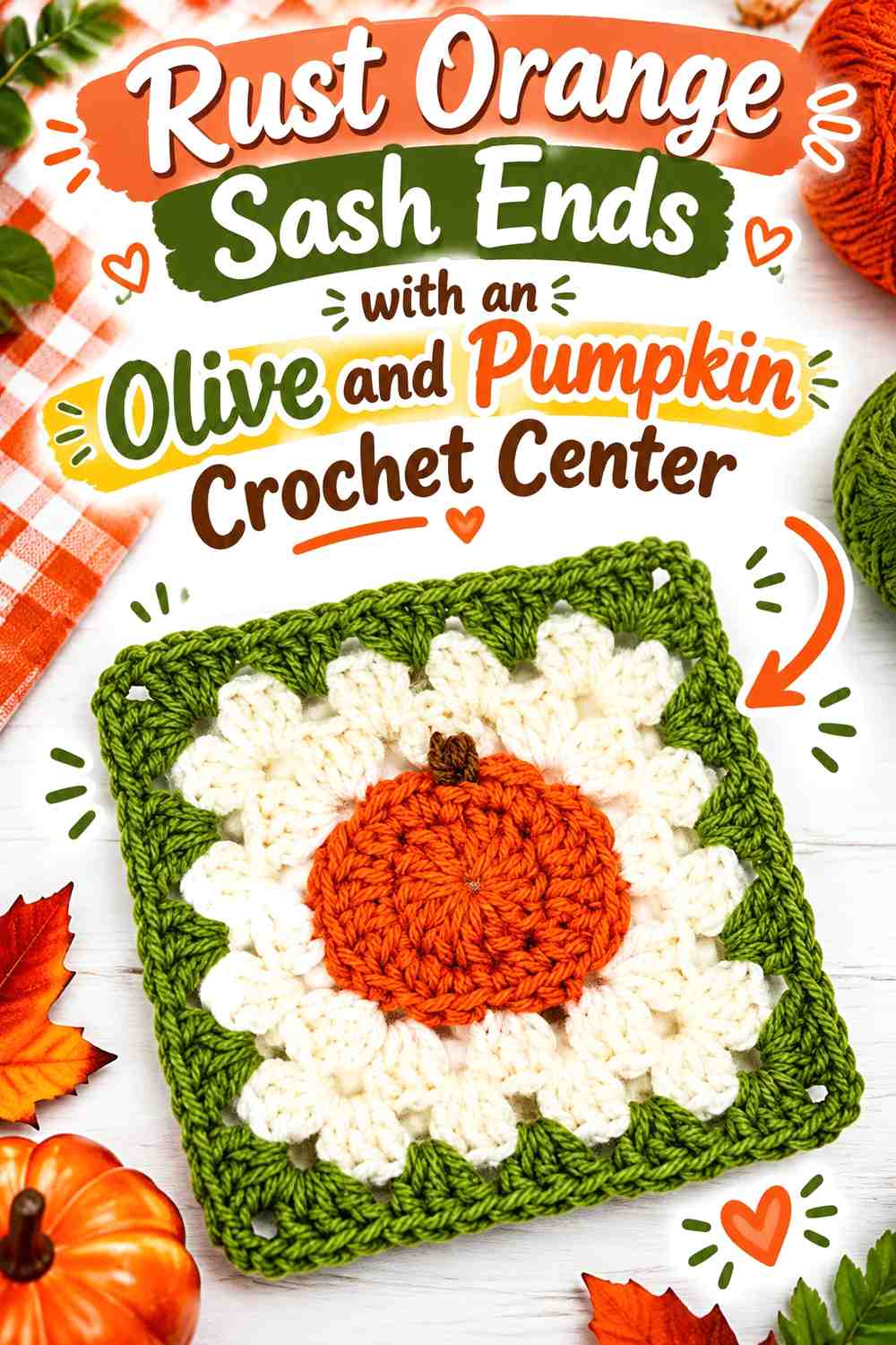 Rust Orange Sash Ends with an Olive and Pumpkin Crochet Center