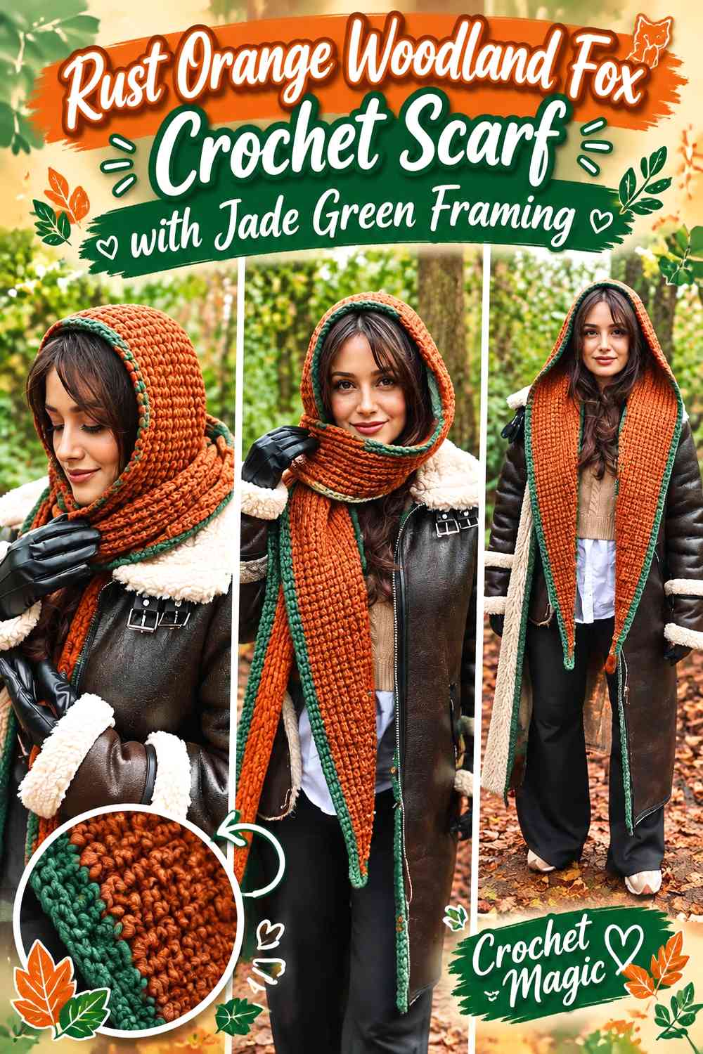 Rust Orange Woodland Fox Crochet Scarf with Jade Green Framing