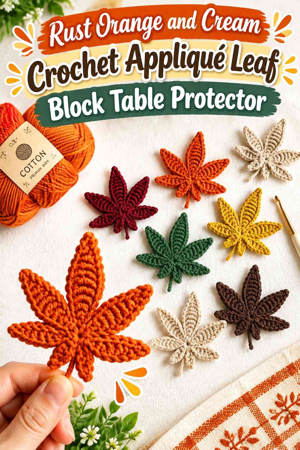 Rust Orange and Cream Crochet Appliqué Leaf Block Table Protector