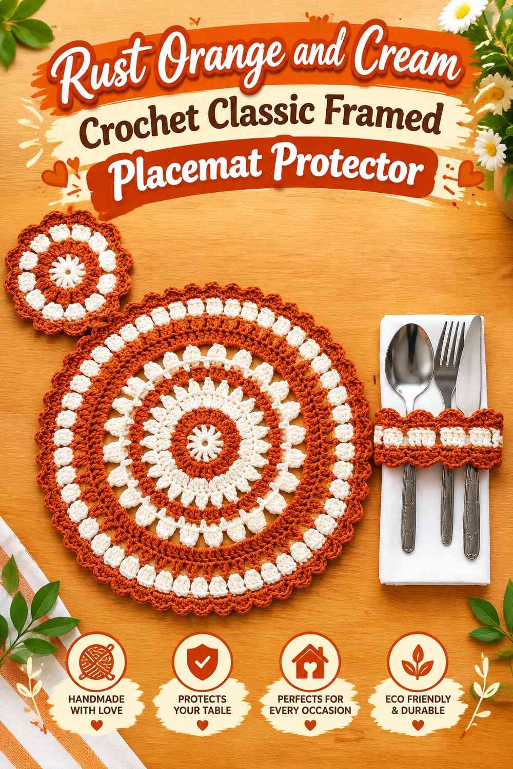 Rust Orange and Cream Crochet Classic Framed Placemat Protector