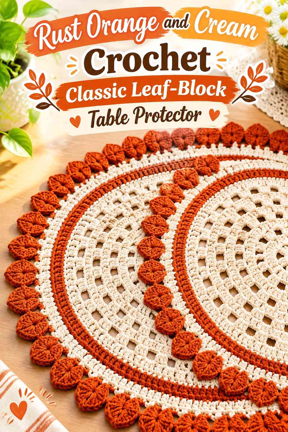 Rust Orange and Cream Crochet Classic Leaf-Block Table Protector