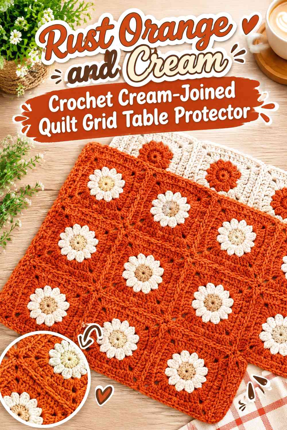Rust Orange and Cream Crochet Cream-Joined Quilt Grid Table Protector