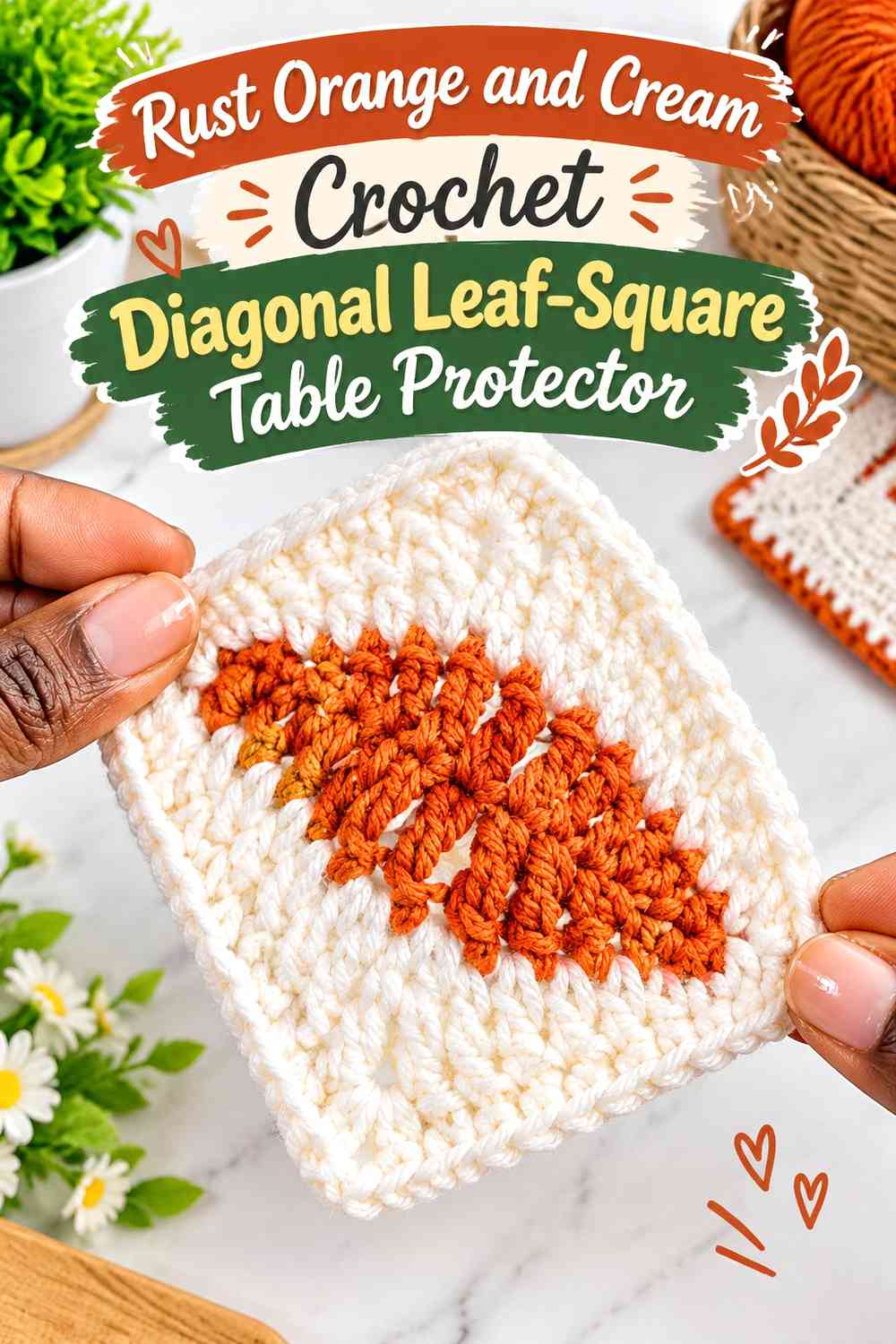 Rust Orange and Cream Crochet Diagonal Leaf-Square Table Protector