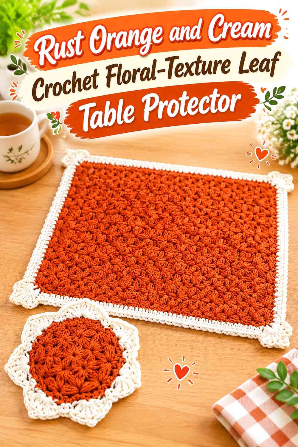 Rust Orange and Cream Crochet Floral-Texture Leaf Table Protector