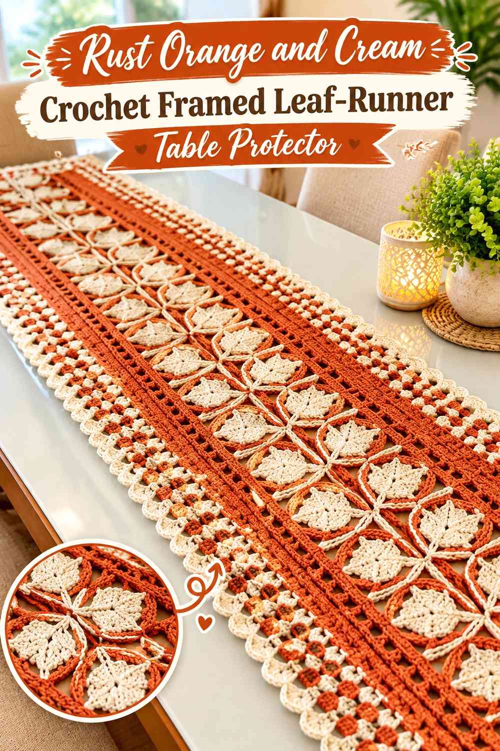 Rust Orange and Cream Crochet Framed Leaf-Runner Table Protector