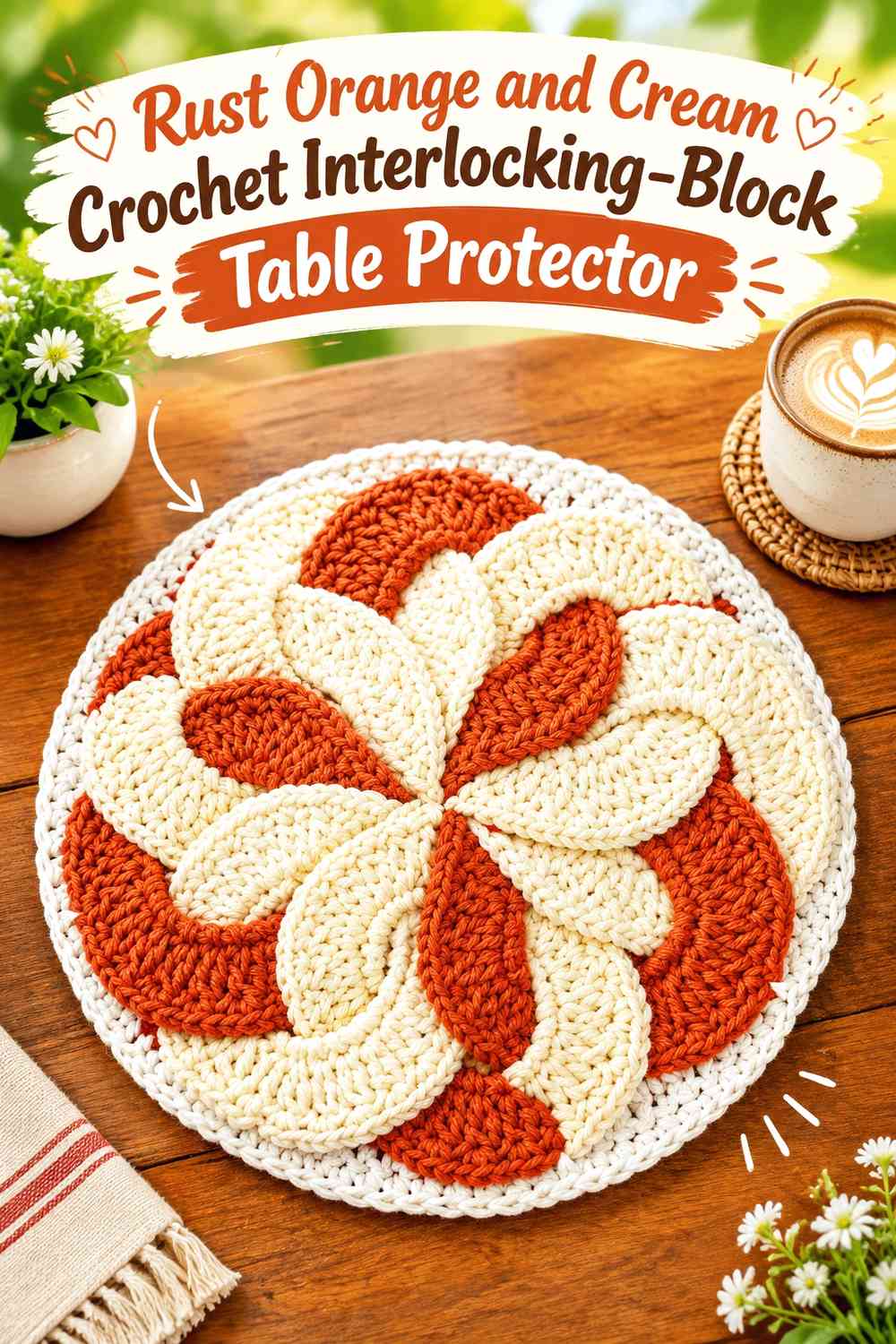 Rust Orange and Cream Crochet Interlocking-Block Table Protector