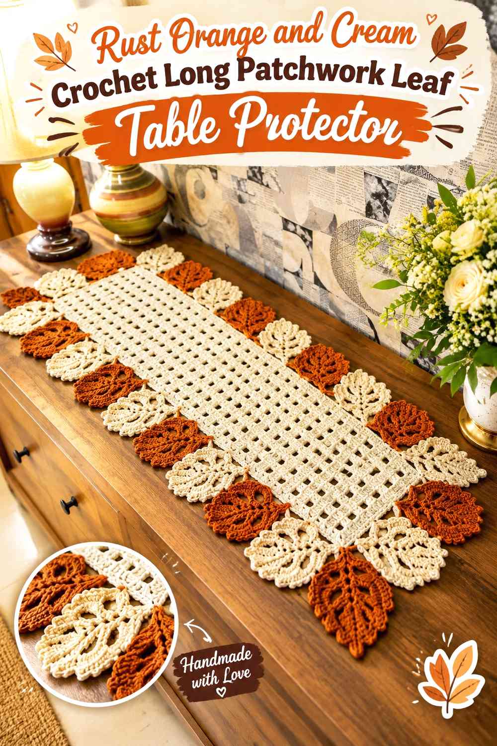 Rust Orange and Cream Crochet Long Patchwork Leaf Table Protector