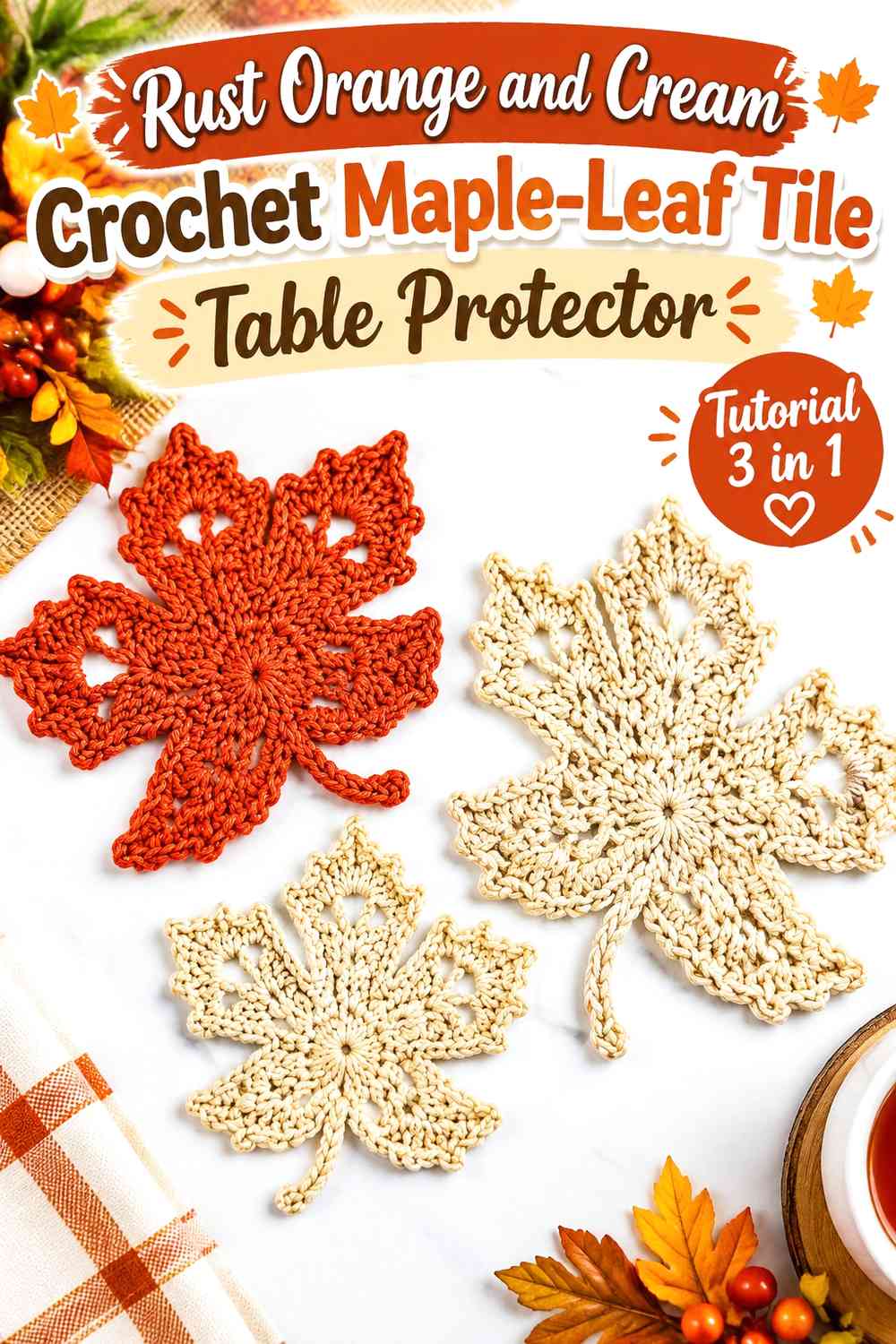 Rust Orange and Cream Crochet Maple-Leaf Tile Table Protector
