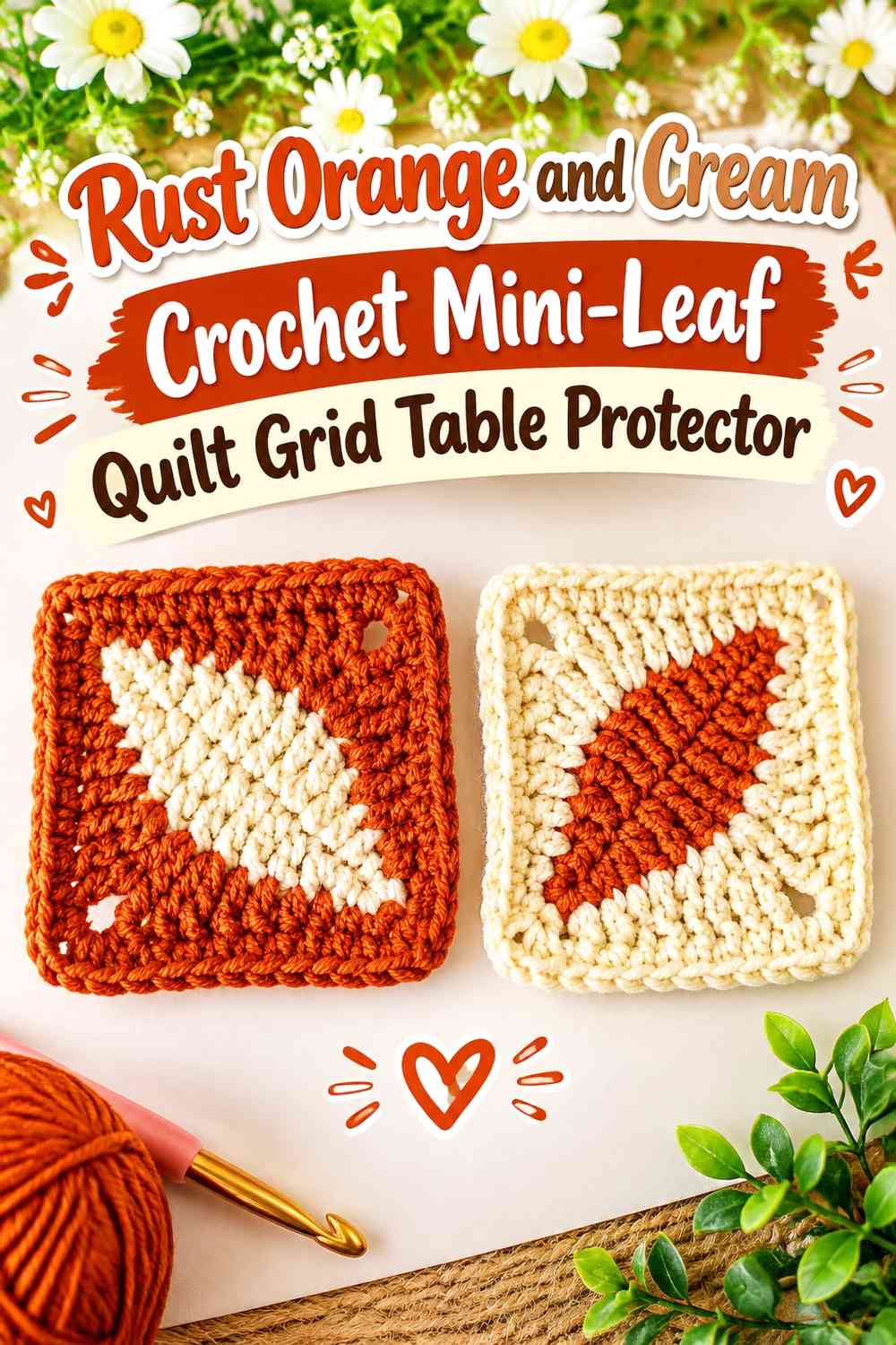 Rust Orange and Cream Crochet Mini-Leaf Quilt Grid Table Protector