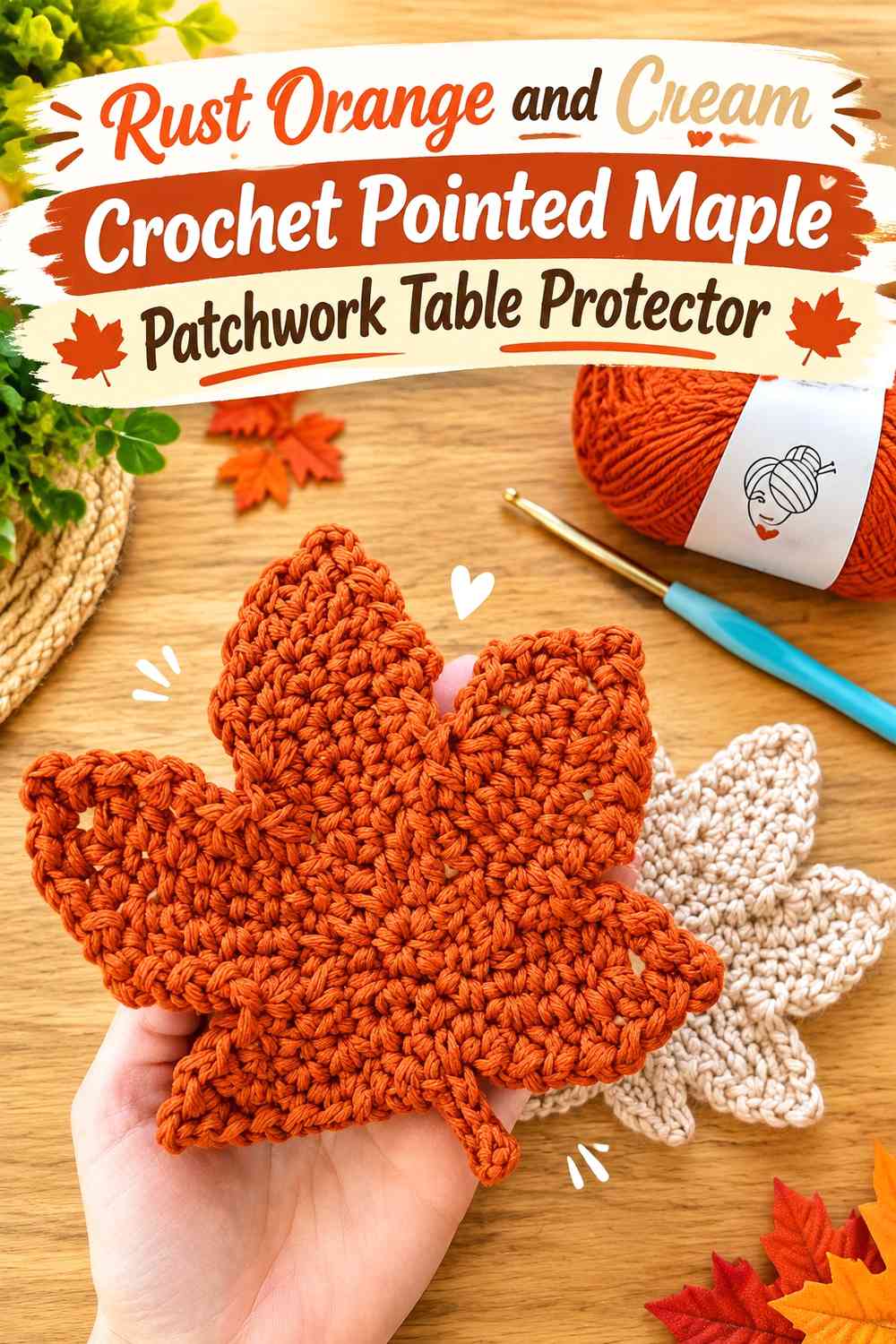 Rust Orange and Cream Crochet Pointed Maple Patchwork Table Protector