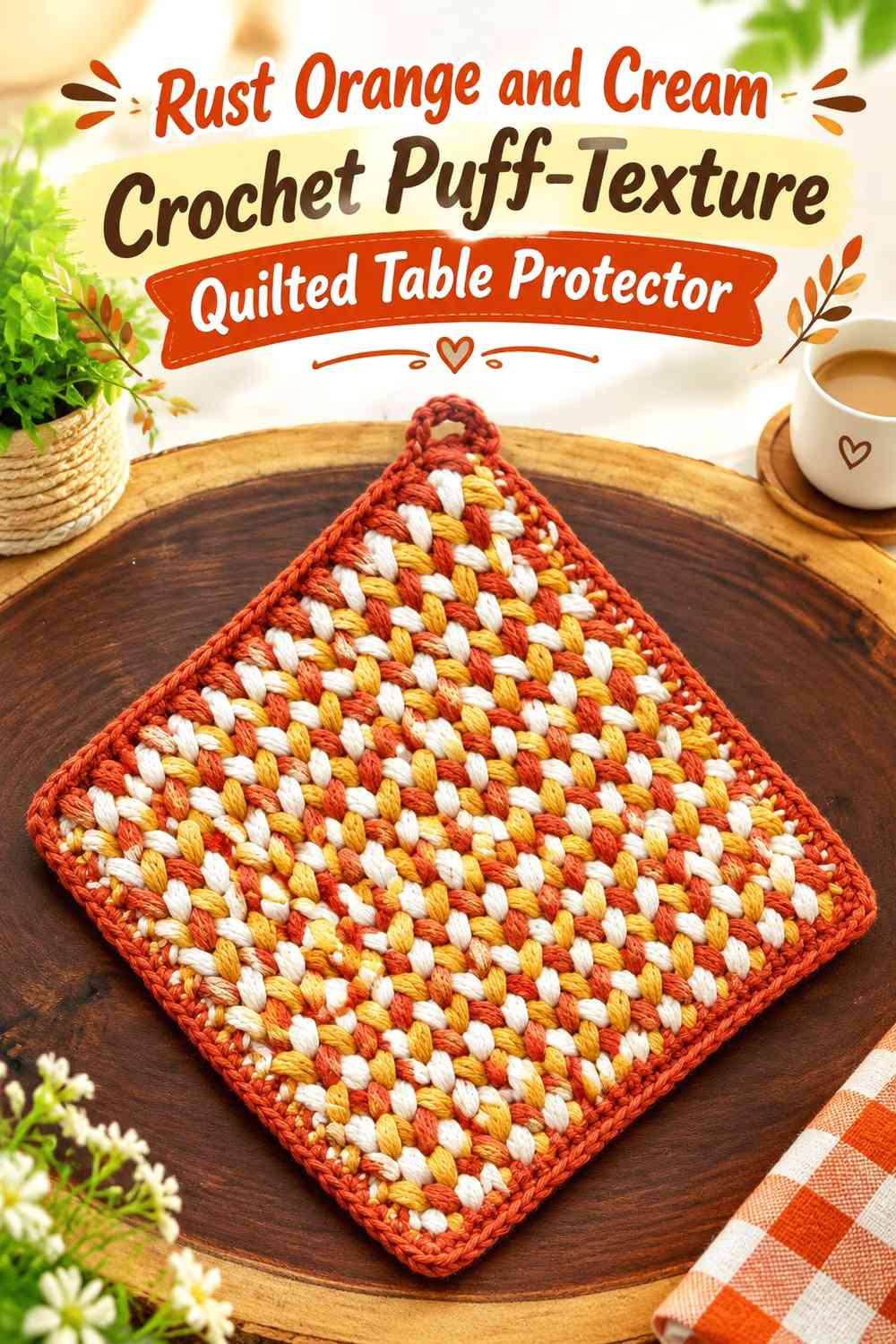 Rust Orange and Cream Crochet Puff-Texture Quilted Table Protector