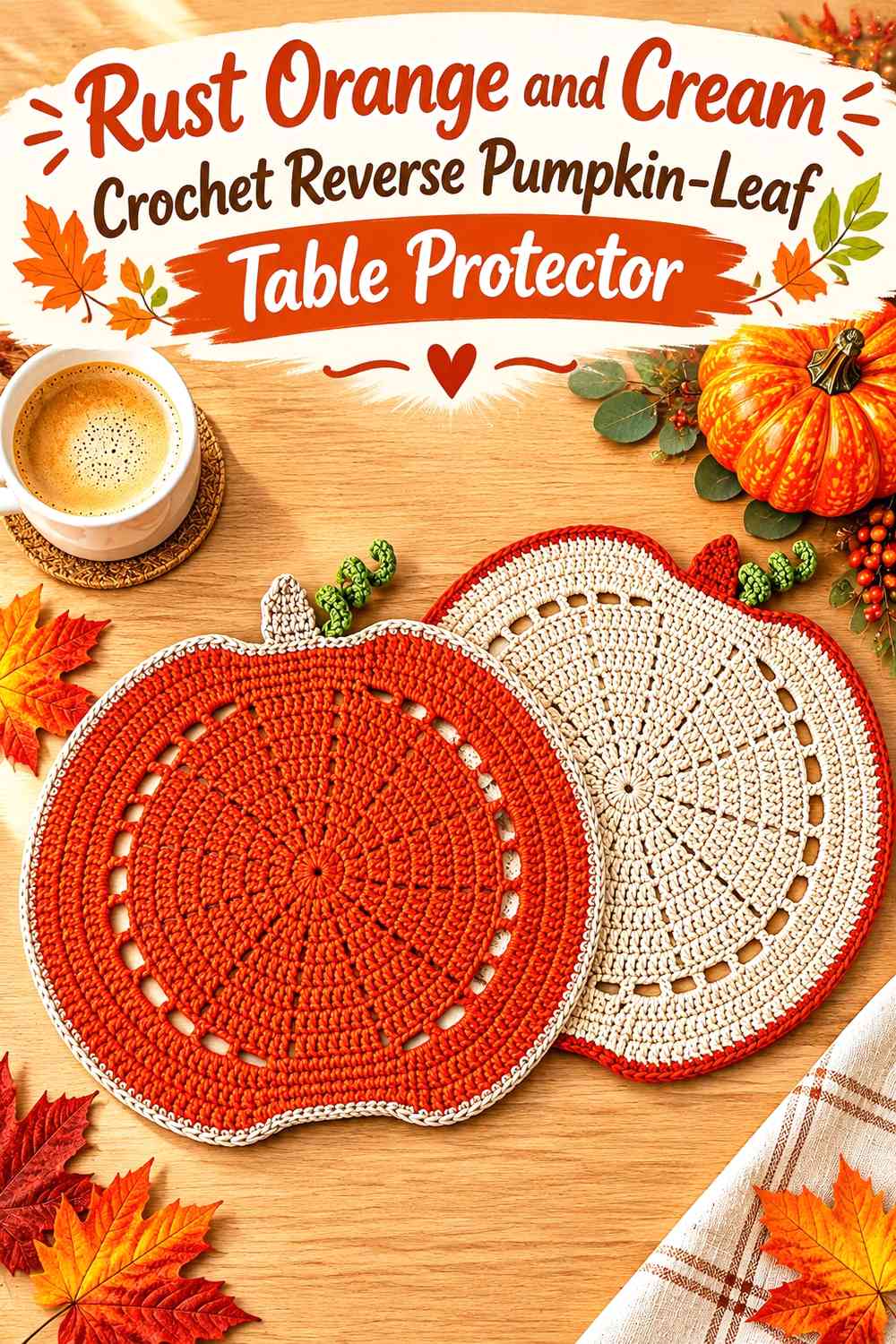 Rust Orange and Cream Crochet Reverse Pumpkin-Leaf Table Protector