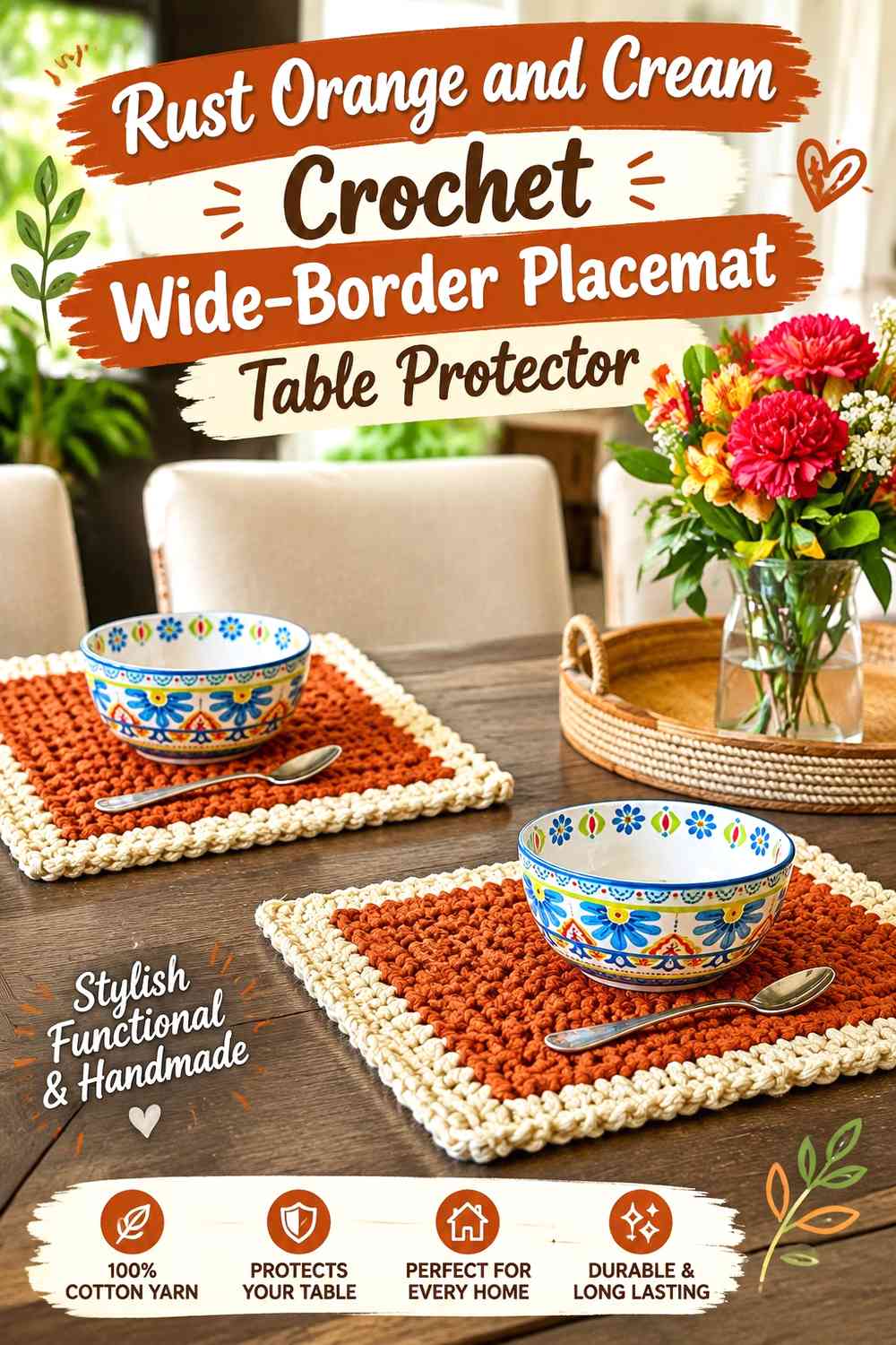 Rust Orange and Cream Crochet Wide-Border Placemat Table Protector