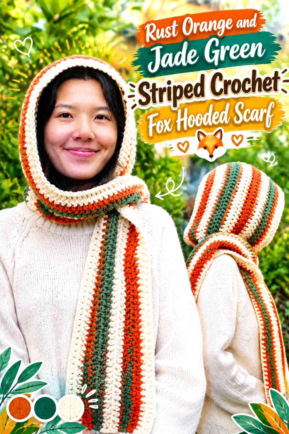 Rust Orange and Jade Green Striped Crochet Fox Hooded Scarf