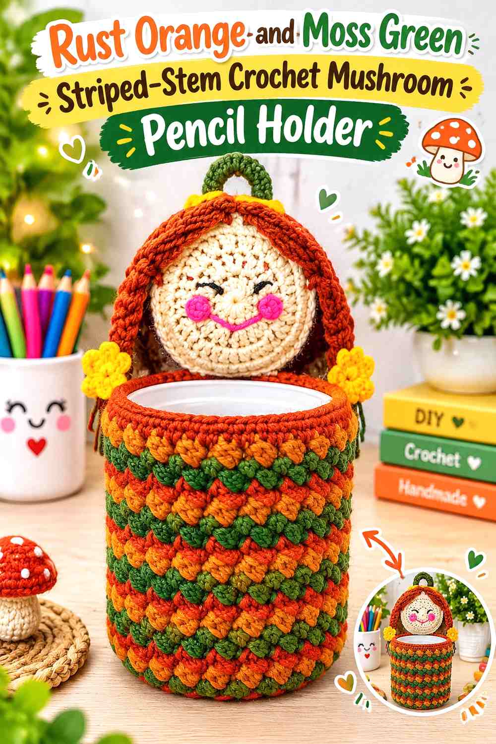Rust Orange and Moss Green Striped-Stem Crochet Mushroom Pencil Holder