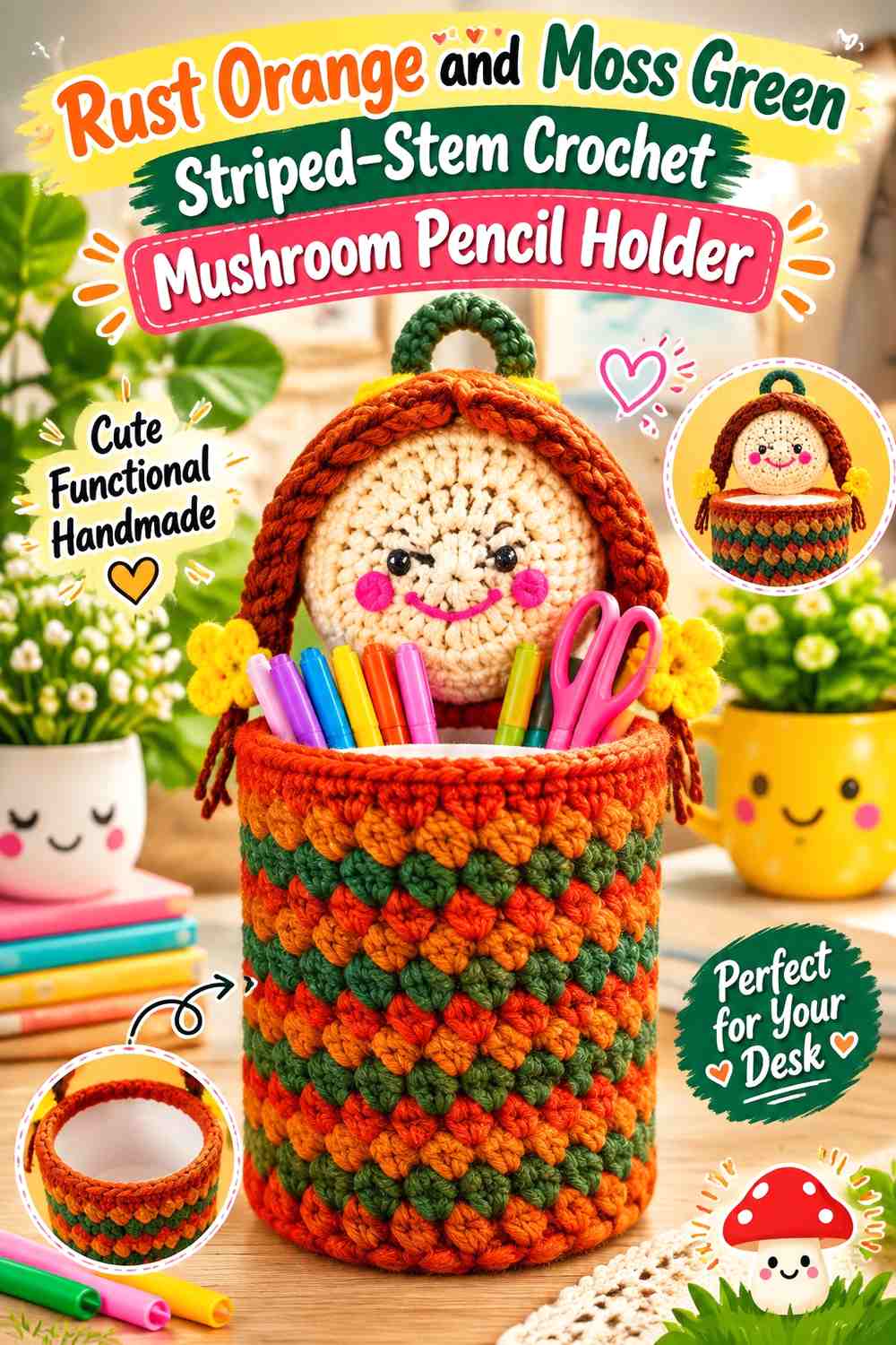 Rust Orange and Moss Green Striped-Stem Crochet Mushroom Pencil Holder