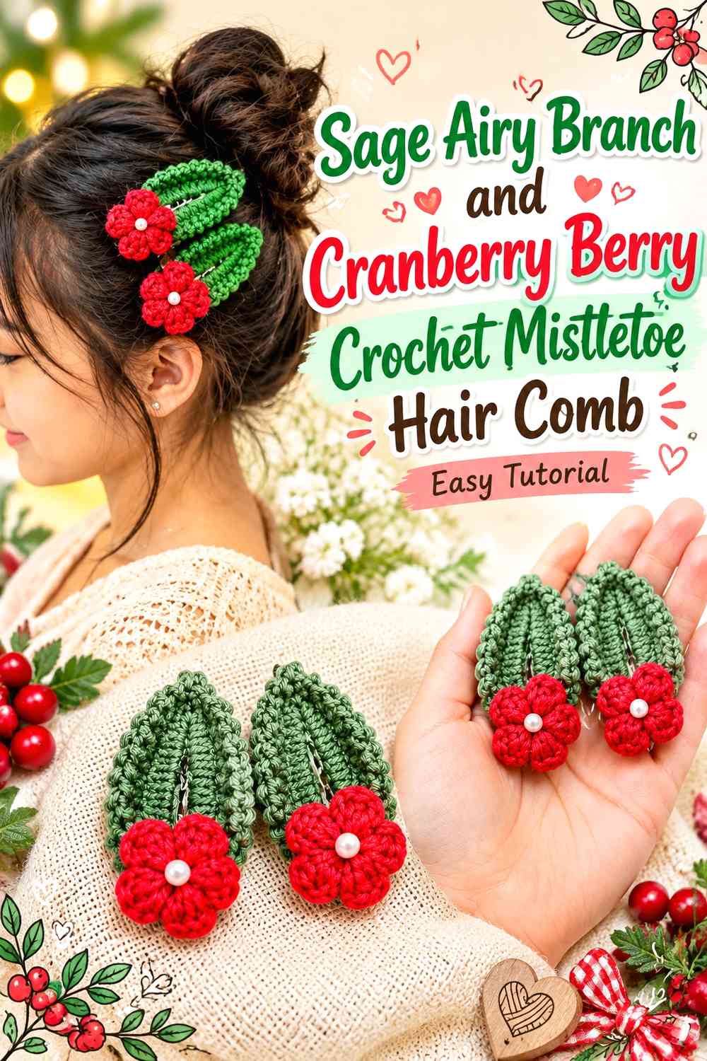 Sage Airy Branch and Cranberry Berry Crochet Mistletoe Hair Comb