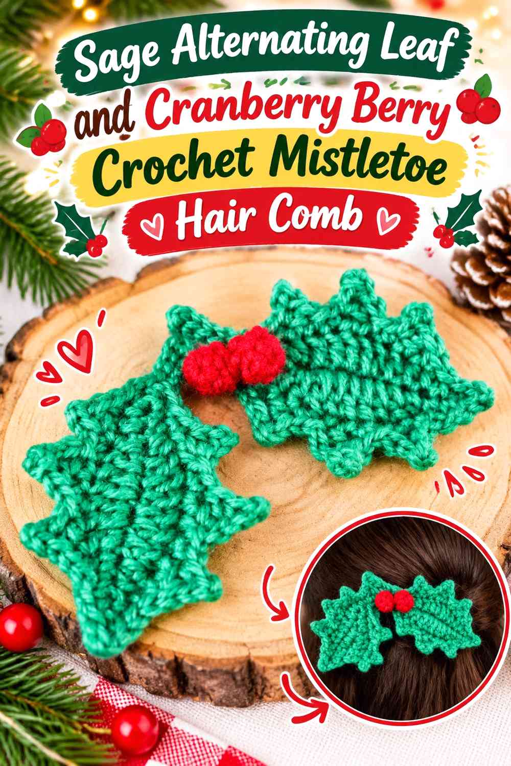 Sage Alternating Leaf and Cranberry Berry Crochet Mistletoe Hair Comb