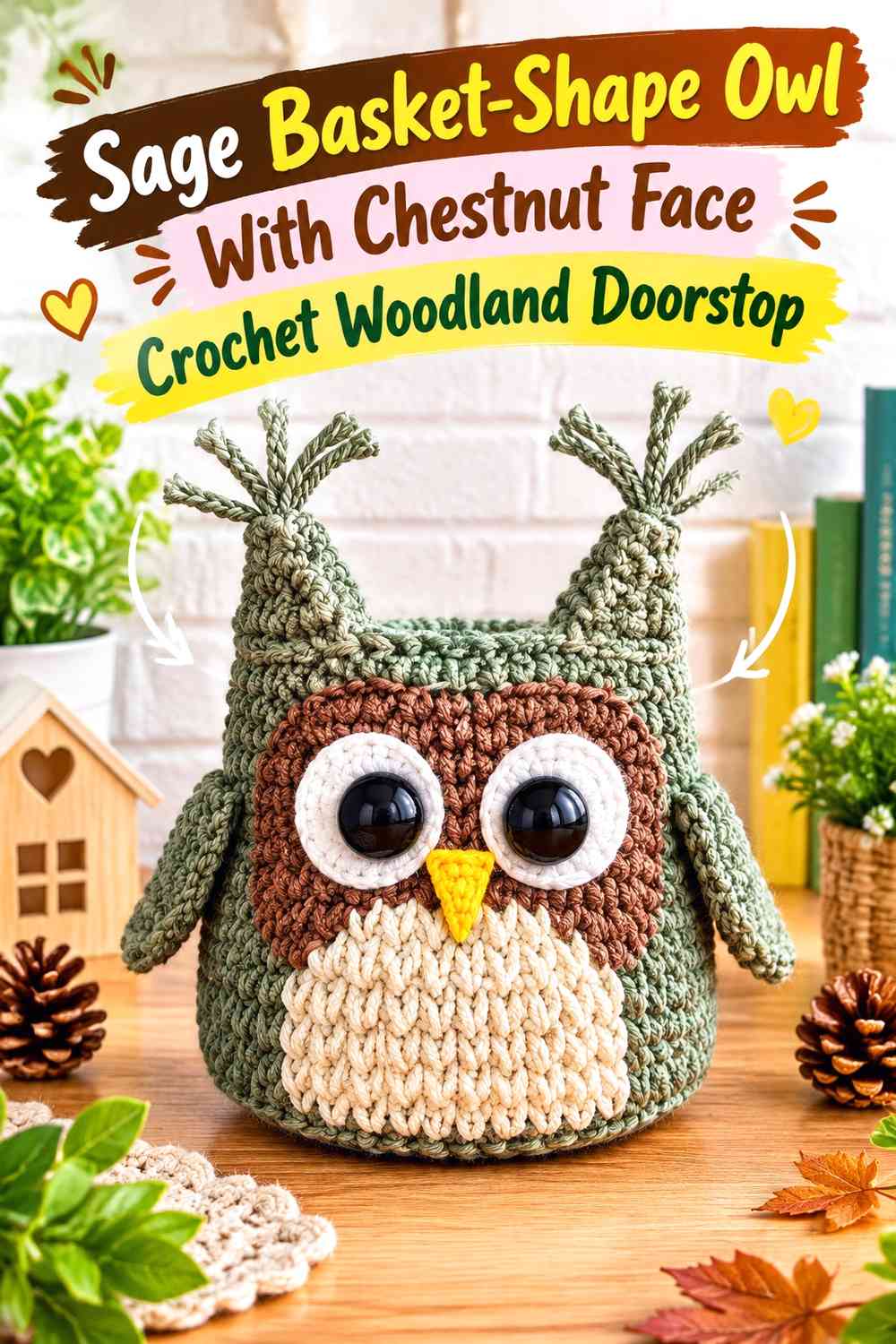 Sage Basket-Shape Owl With Chestnut Face Crochet Woodland Doorstop