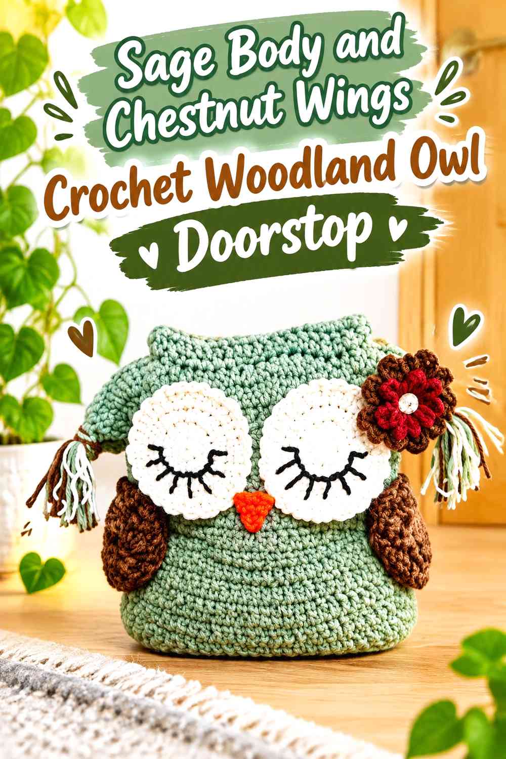 Sage Body and Chestnut Wings Crochet Woodland Owl Doorstop