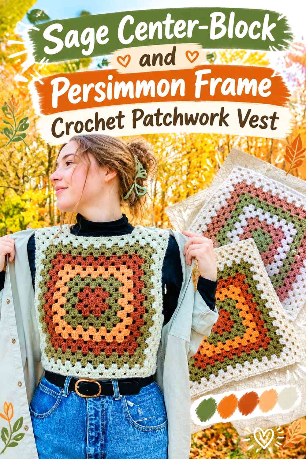 Sage Center-Block and Persimmon Frame Crochet Patchwork Vest
