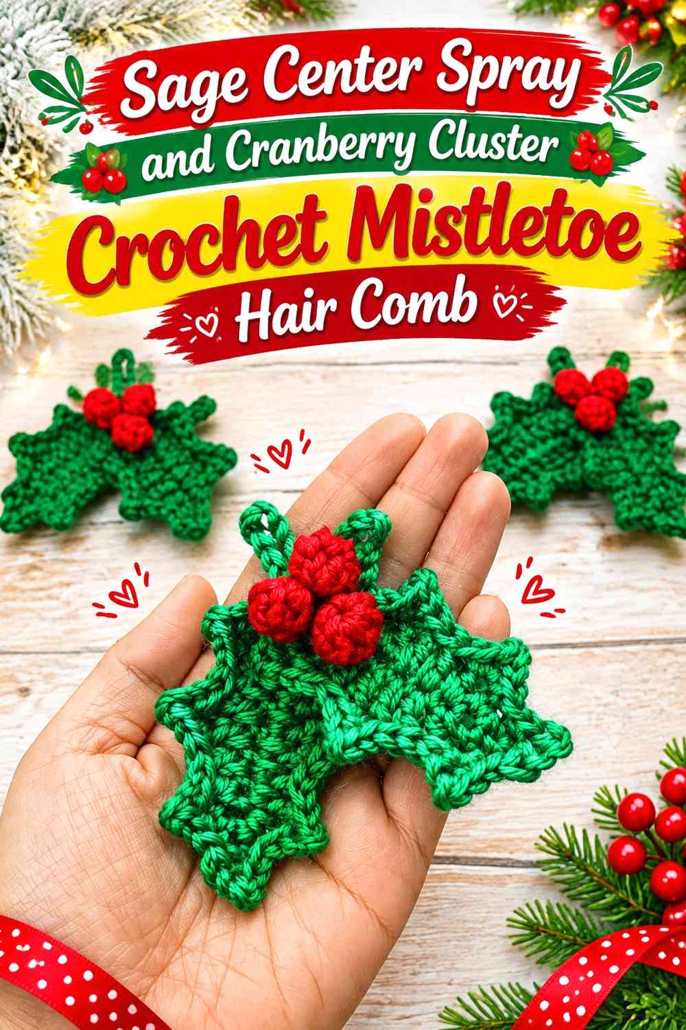 Sage Center Spray and Cranberry Cluster Crochet Mistletoe Hair Comb