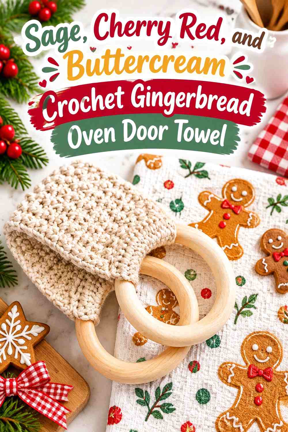 Sage, Cherry Red, and Buttercream Crochet Gingerbread Oven Door Towel