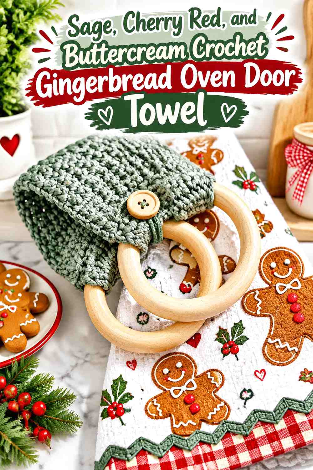 Sage, Cherry Red, and Buttercream Crochet Gingerbread Oven Door Towel