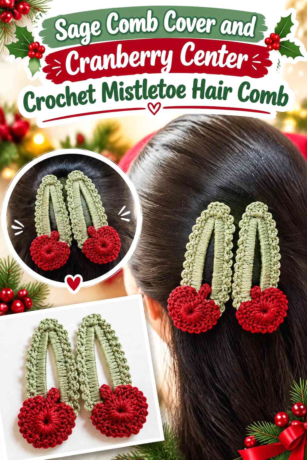 Sage Comb Cover and Cranberry Center Crochet Mistletoe Hair Comb
