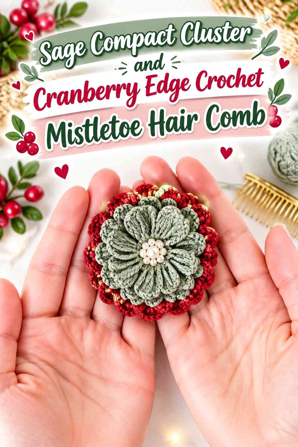 Sage Compact Cluster and Cranberry Edge Crochet Mistletoe Hair Comb