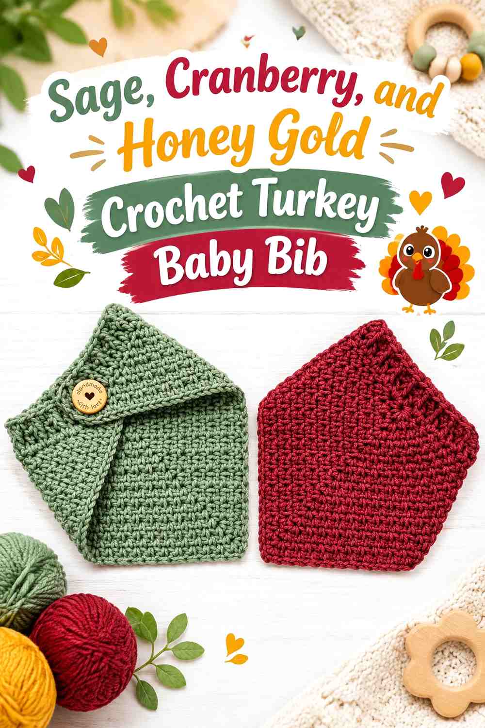 Sage, Cranberry, and Honey Gold Crochet Turkey Baby Bib