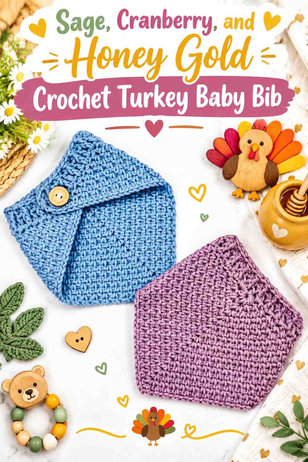 Sage, Cranberry, and Honey Gold Crochet Turkey Baby Bib