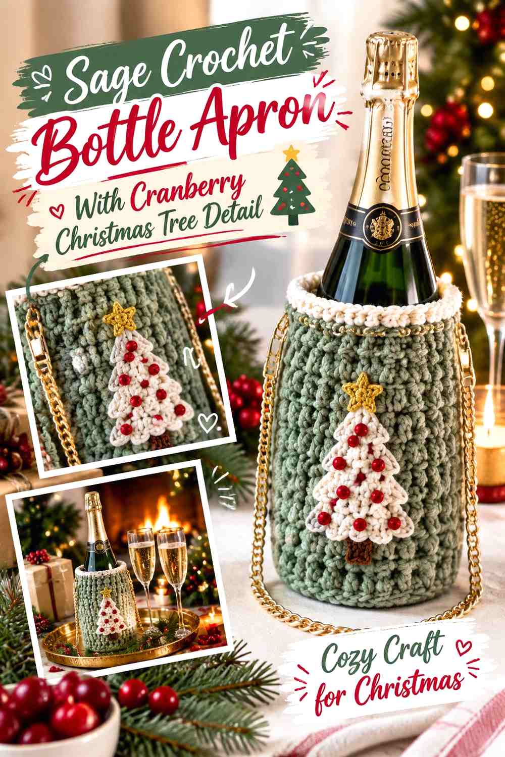 Sage Crochet Bottle Apron With Cranberry Christmas Tree Detail