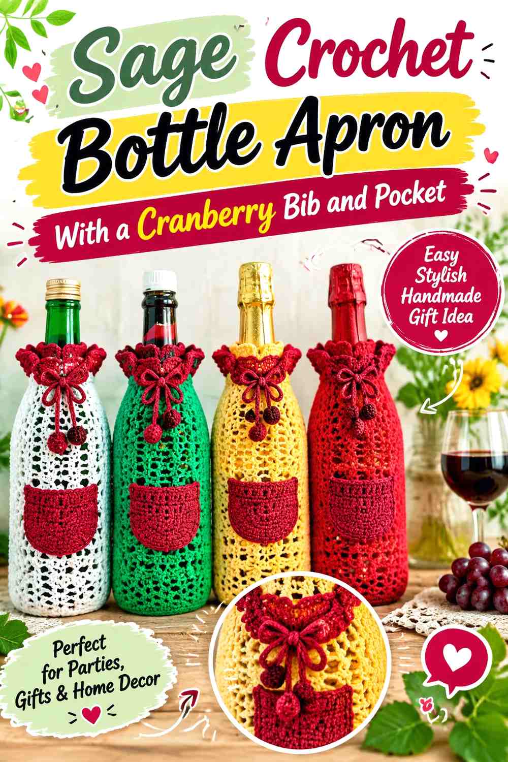 Sage Crochet Bottle Apron With a Cranberry Bib and Pocket