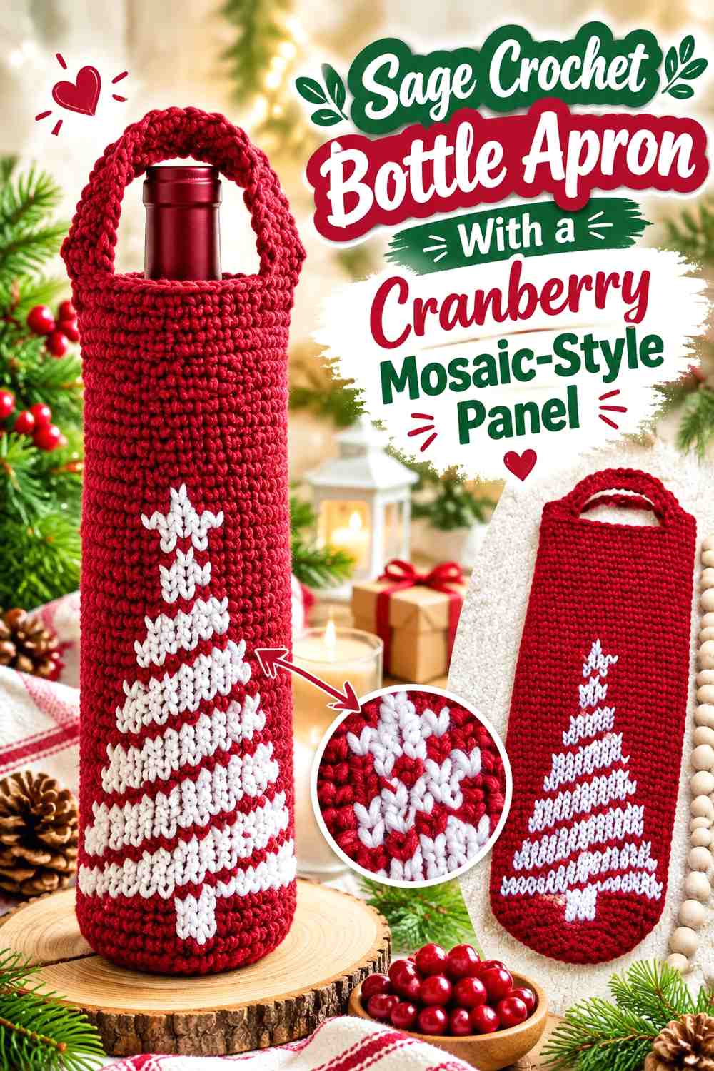 Sage Crochet Bottle Apron With a Cranberry Mosaic-Style Panel