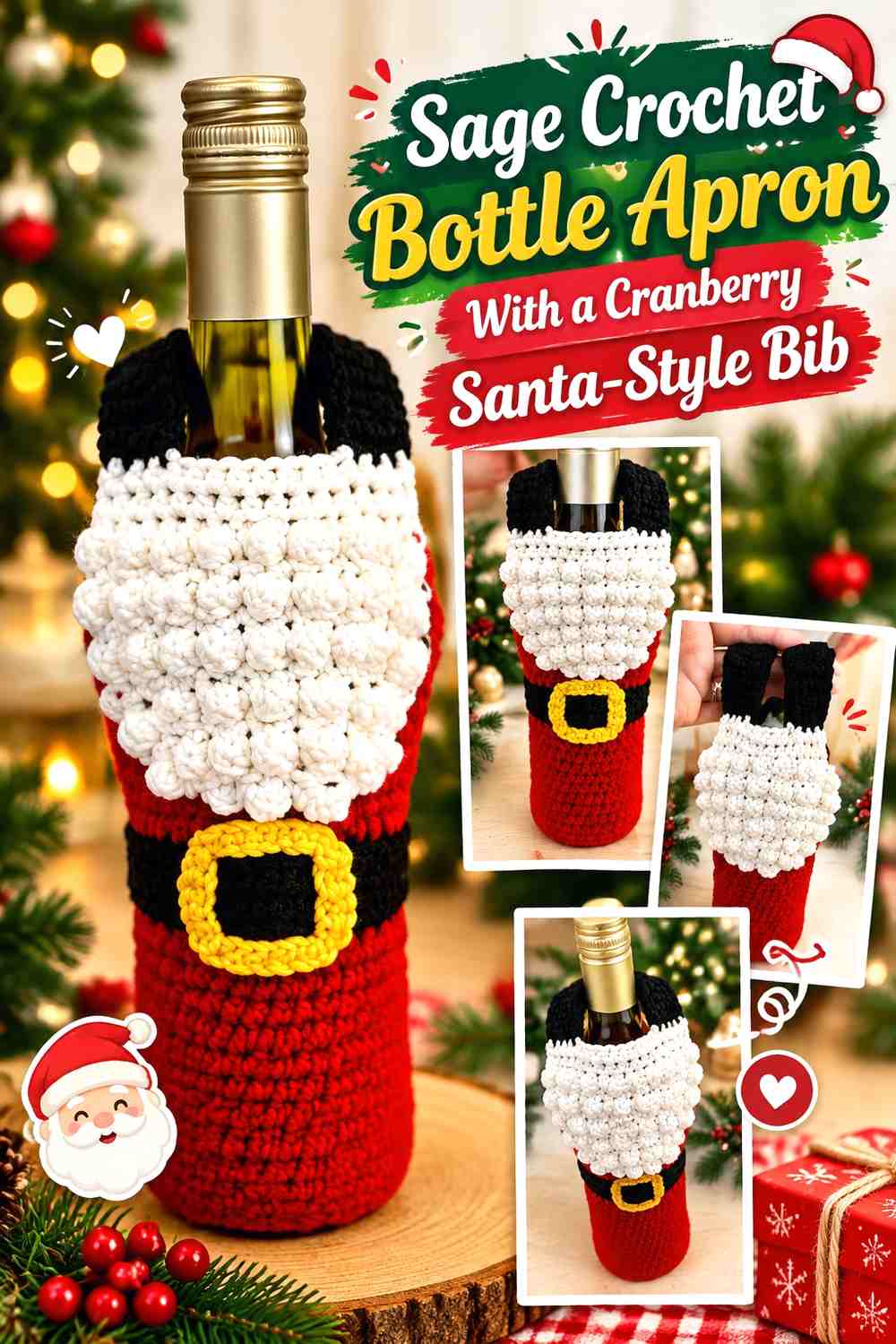 Sage Crochet Bottle Apron With a Cranberry Santa-Style Bib