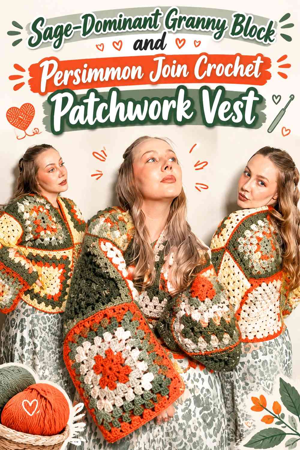 Sage-Dominant Granny Block and Persimmon Join Crochet Patchwork Vest