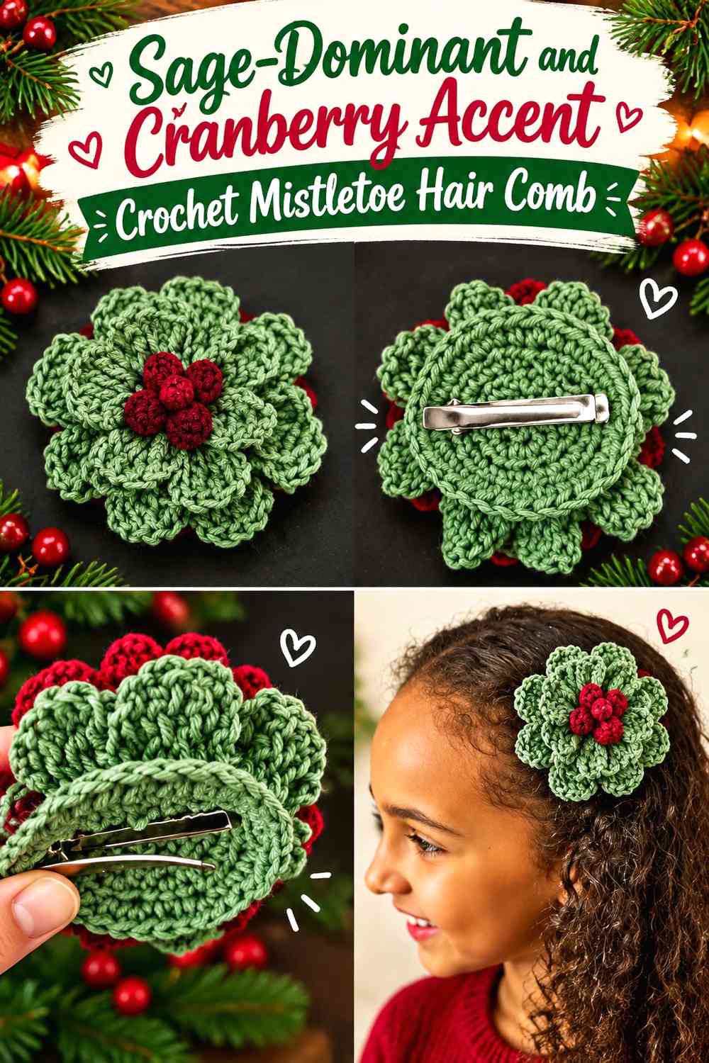 Sage-Dominant and Cranberry Accent Crochet Mistletoe Hair Comb