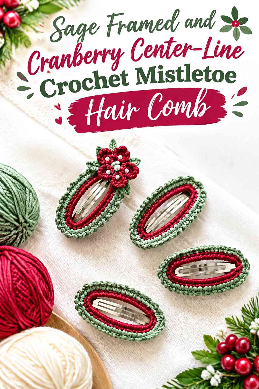 Sage Framed and Cranberry Center-Line Crochet Mistletoe Hair Comb