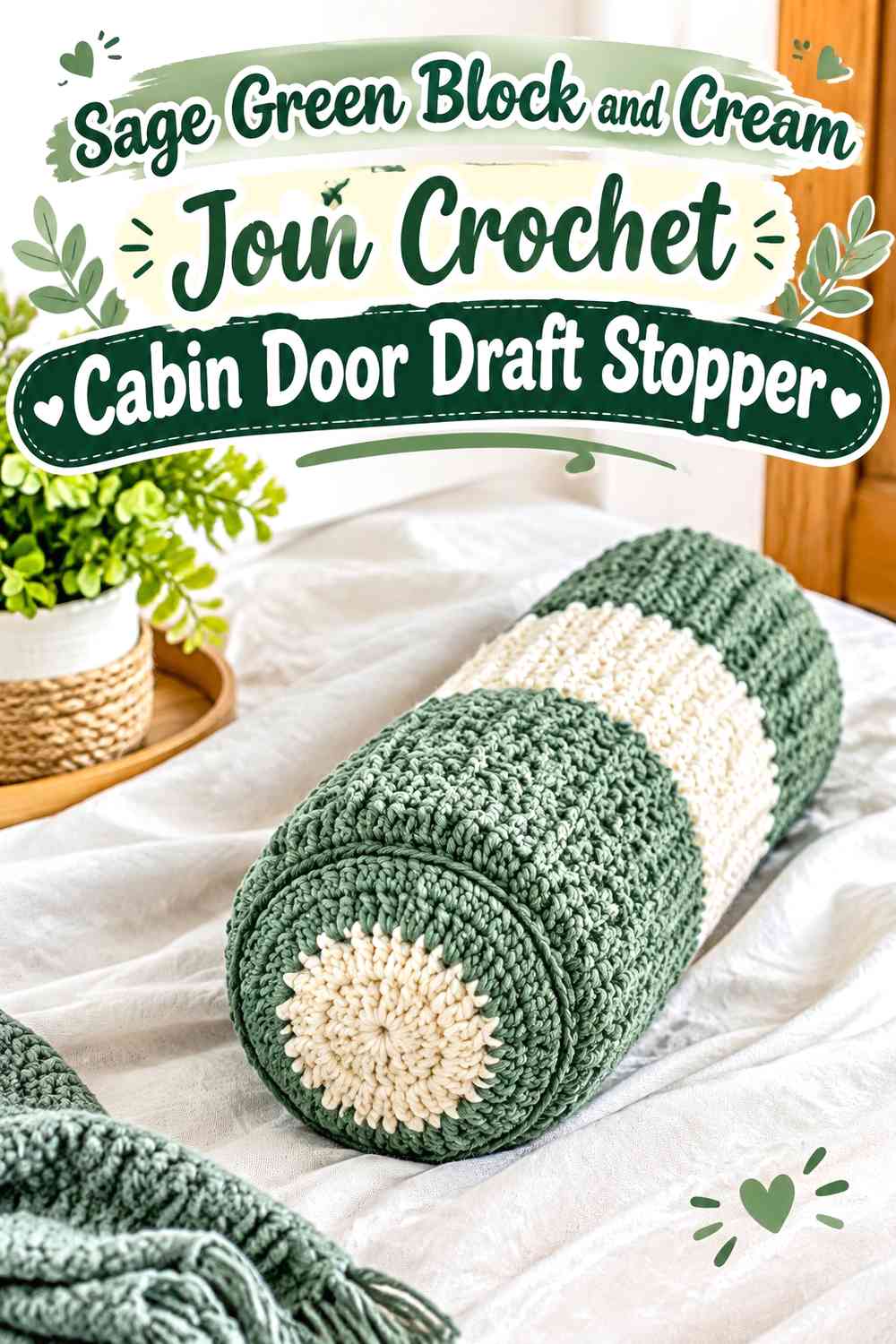 Sage Green Block and Cream Join Crochet Cabin Door Draft Stopper